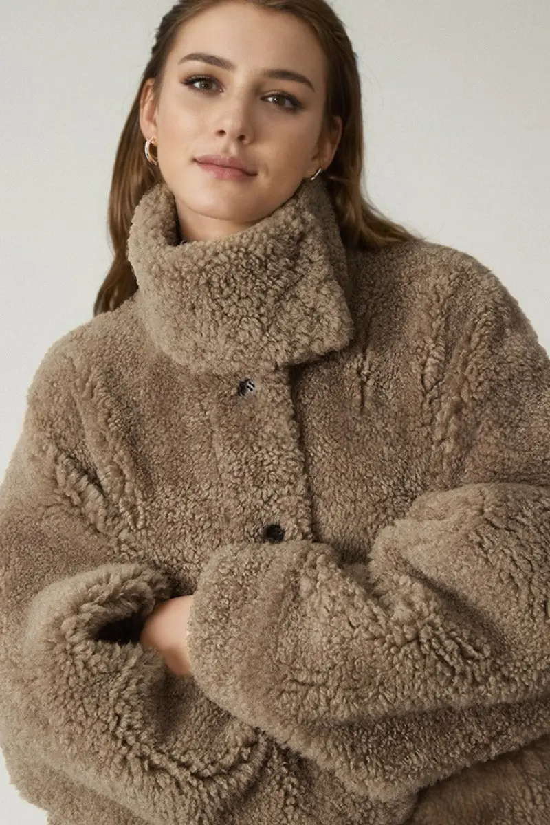 Classic French Merino Sheepskin Shearling Jacket with Stand Collar - MIAOOOO