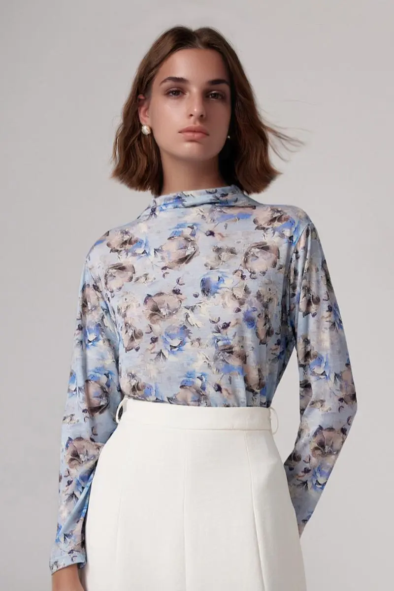 100 Merino Wool Flower Printed Mock Neck Base Layer - MIAOOOO