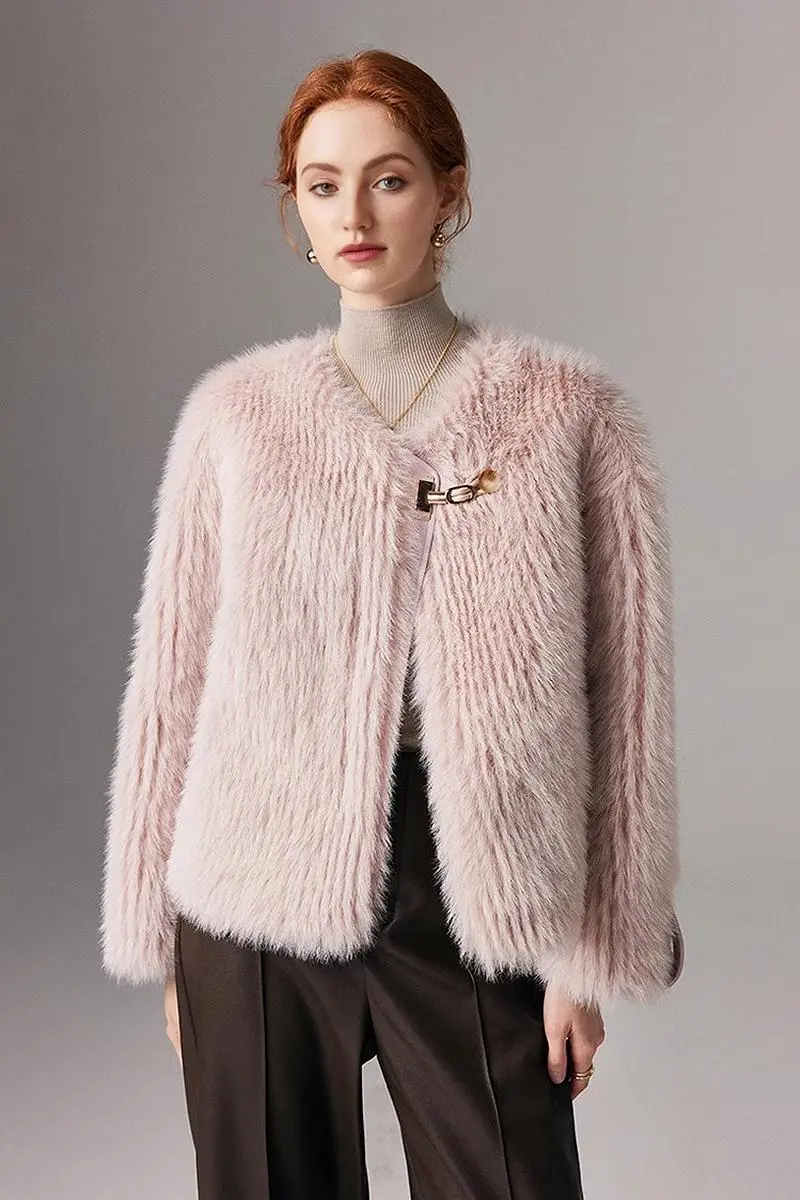 Collarless Faux Fox Fur Jacket - MIAOOOO