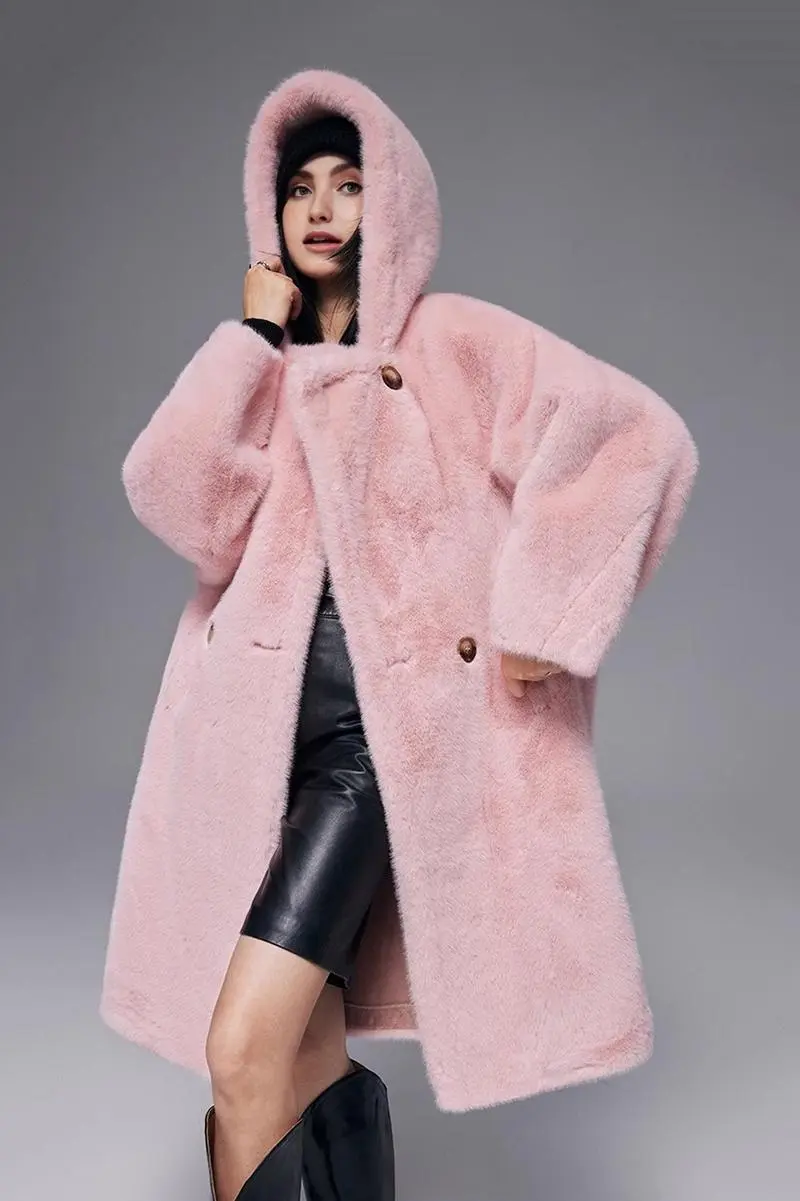 Long Hooded Faux Mink Fur Coat - MIAOOOO