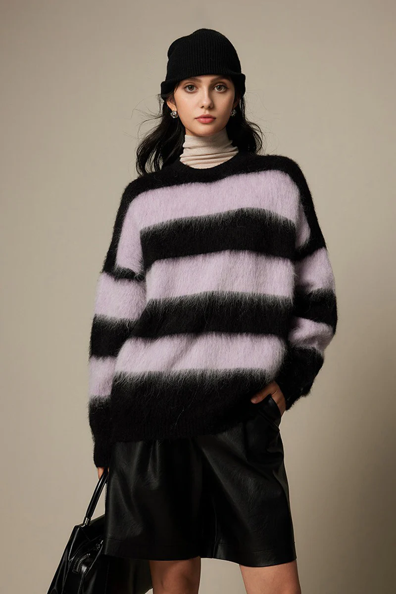 Oversized Striped Alpaca Blend Crewneck Sweater - MIAOOOO
