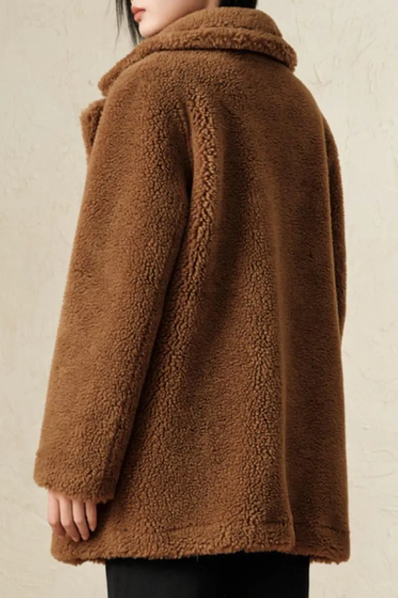 Brown Double Breasted Wool Blend Teddy Sherpa Coat - MIAOOOO