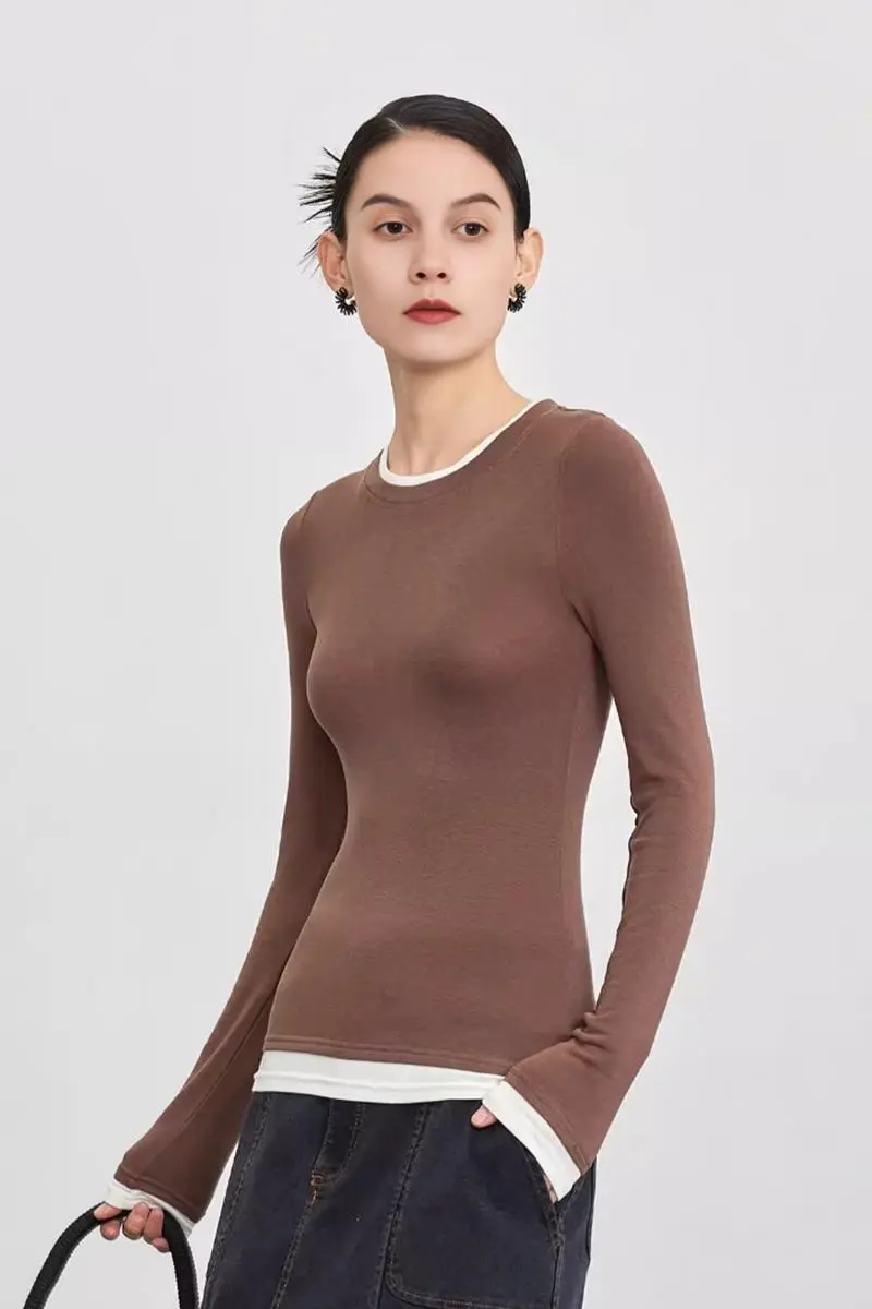 Tencel Wool Double Layered Crew Neck Knit Top - MIAOOOO