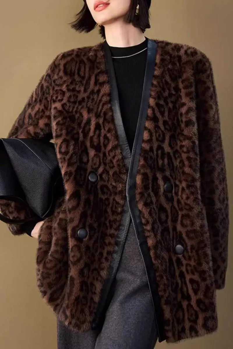 Vintage Leopard Print Collarless Mid-Length Faux Fur Coat - MIAOOOO
