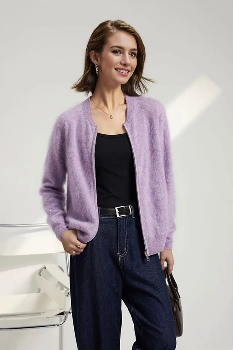 Chunky Brushed Cashmere Full-Zip Bomber Cardigan - MIAOOOO