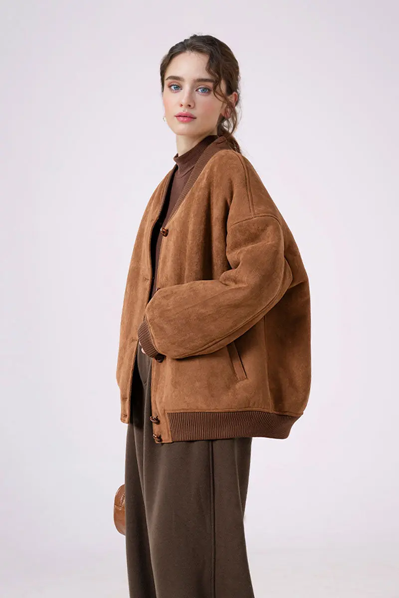 Shearling Wool Lined Faux Suede Bomber Jacket - MIAOOOO
