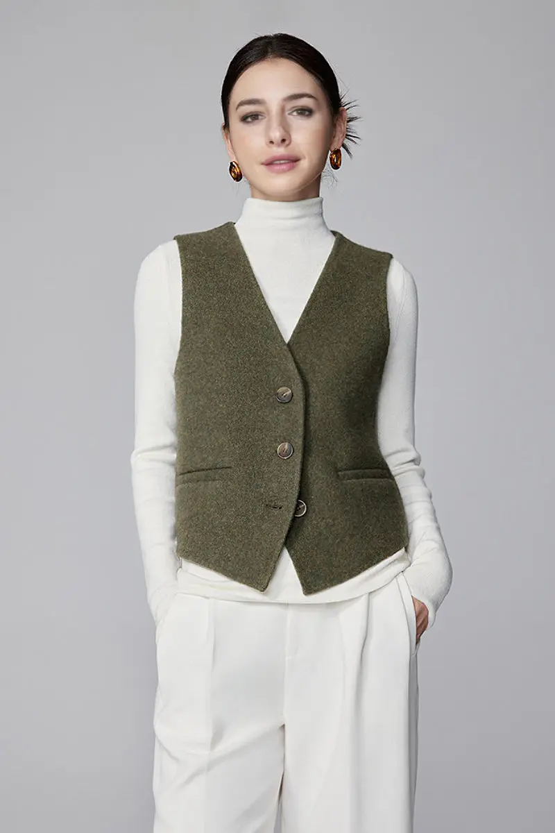 Double-Faced Silk-Camel Hair-Wool Blend V-Neck Suit Vest - MIAOOOO