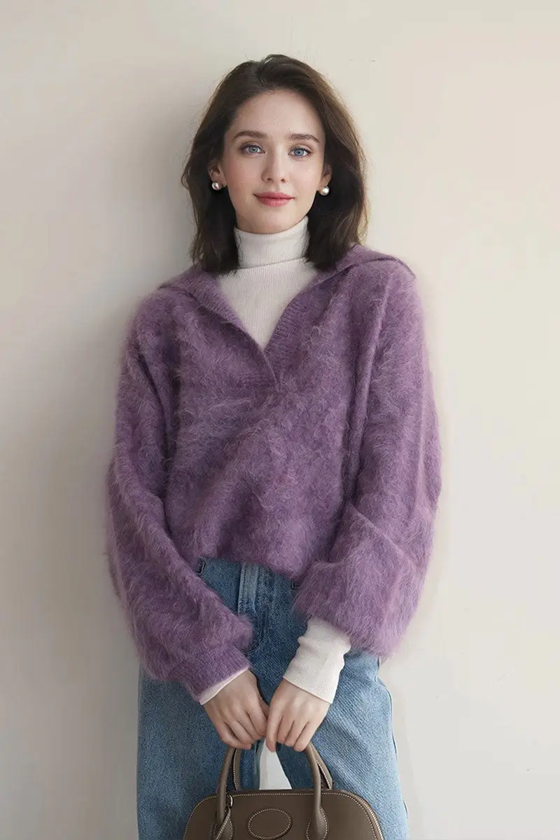 Chunky Oversized Brushed Cashmere Polo Collar Sweater - MIAOOOO