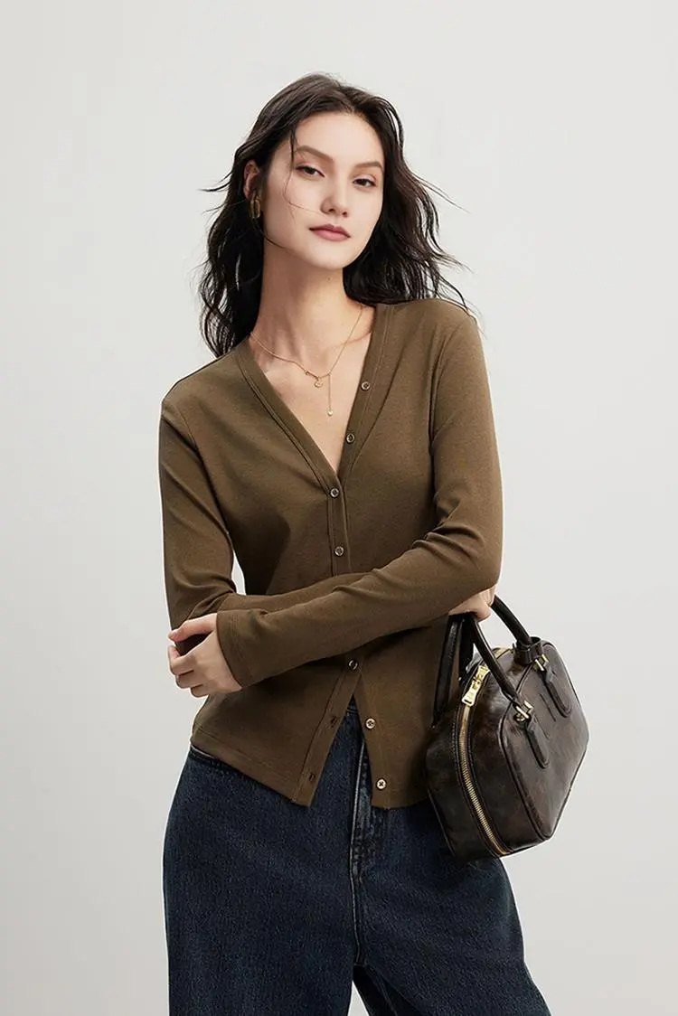V Neck Slim Fit Rib Knit Long Sleeve Shirt - MIAOOOO