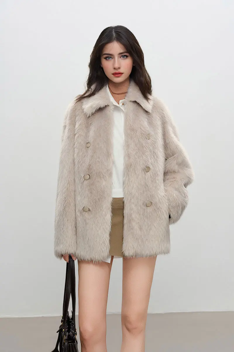 Recycled Faux Fur Double Breasted Mid-Length Coat - MIAOOOO