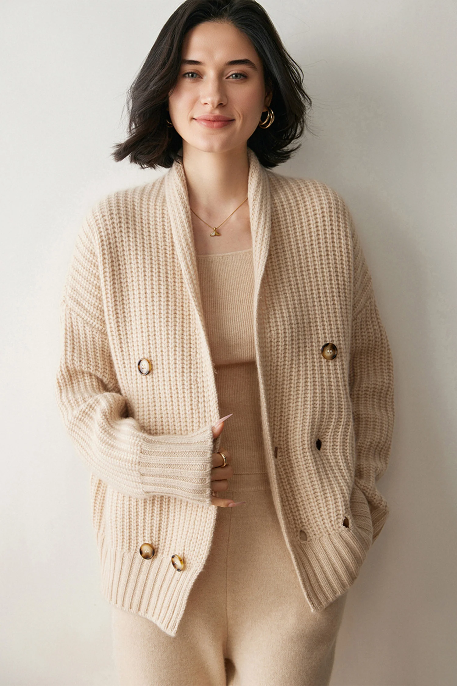 Chunky Cashmere-Merino Double-Breasted Shawl Collar Cardigan - MIAOOOO