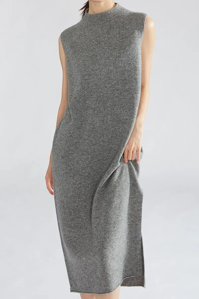 100 Wool Seamless Knit Sleeveless Midi Sweater Dress with Side Slit - MIAOOOO