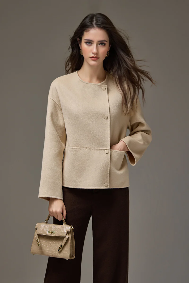 Cropped Asymmetric Collarless Double-Faced Wool Jacket - MIAOOOO