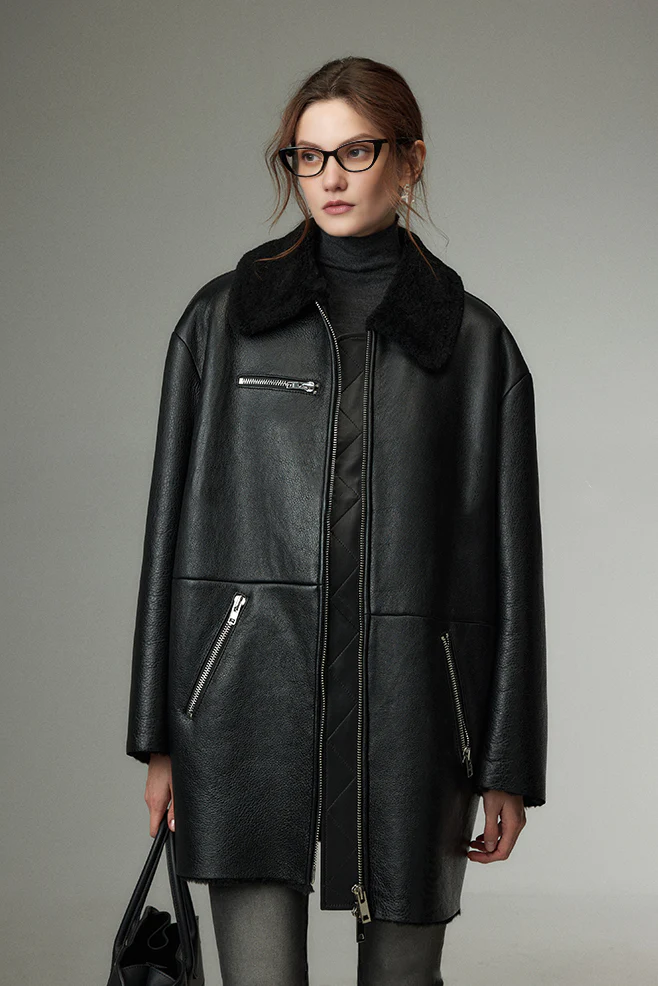 Vintage Mid-length Merino Shearling Lined Leather Jacket - MIAOOOO