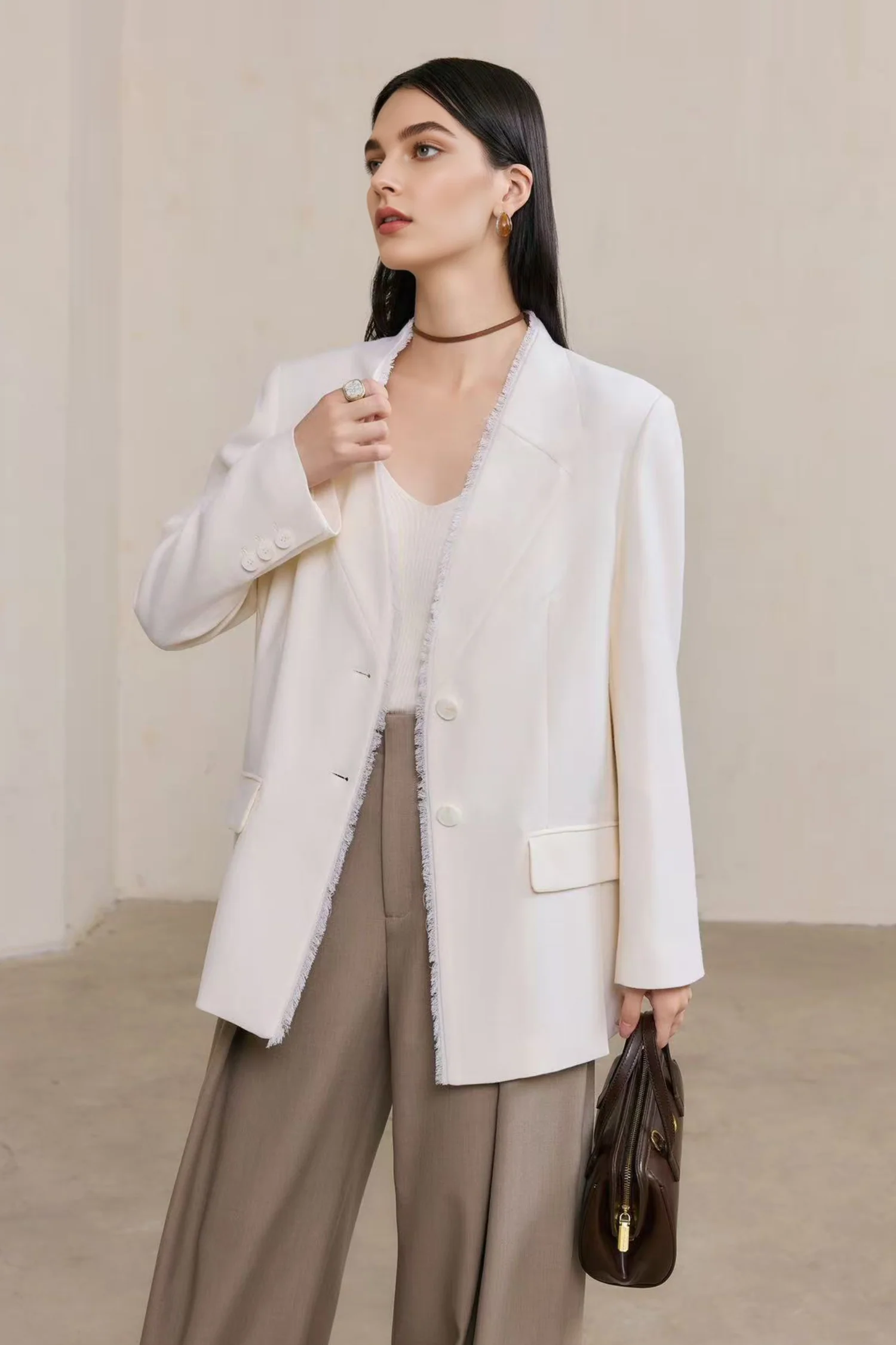 Tailored Collarless Wool Blazer with Fringe Trim - MIAOOOO