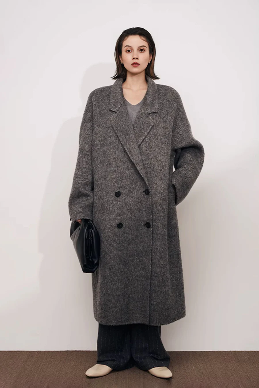 Oversized Double-breasted Long Wool Coat With Lapel Collar - MIAOOOO