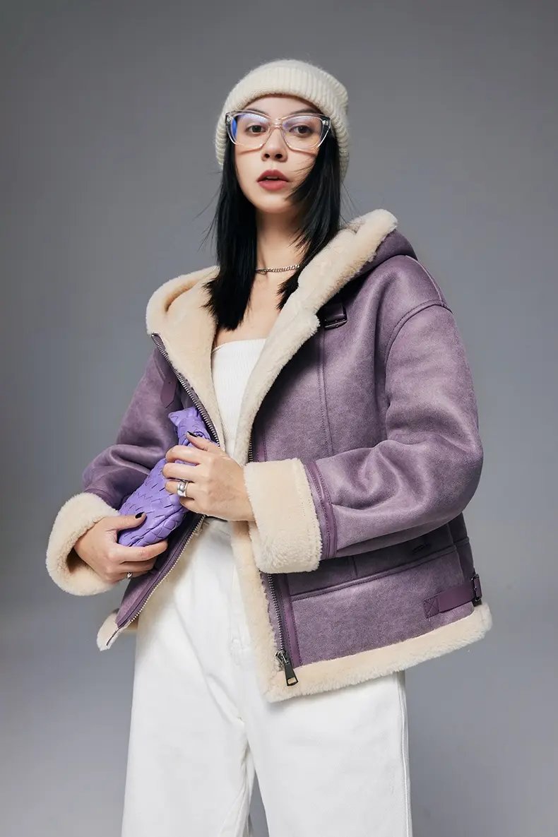 Purple Hooded Shearling Faux-leather Bomber Jacket - MIAOOOO