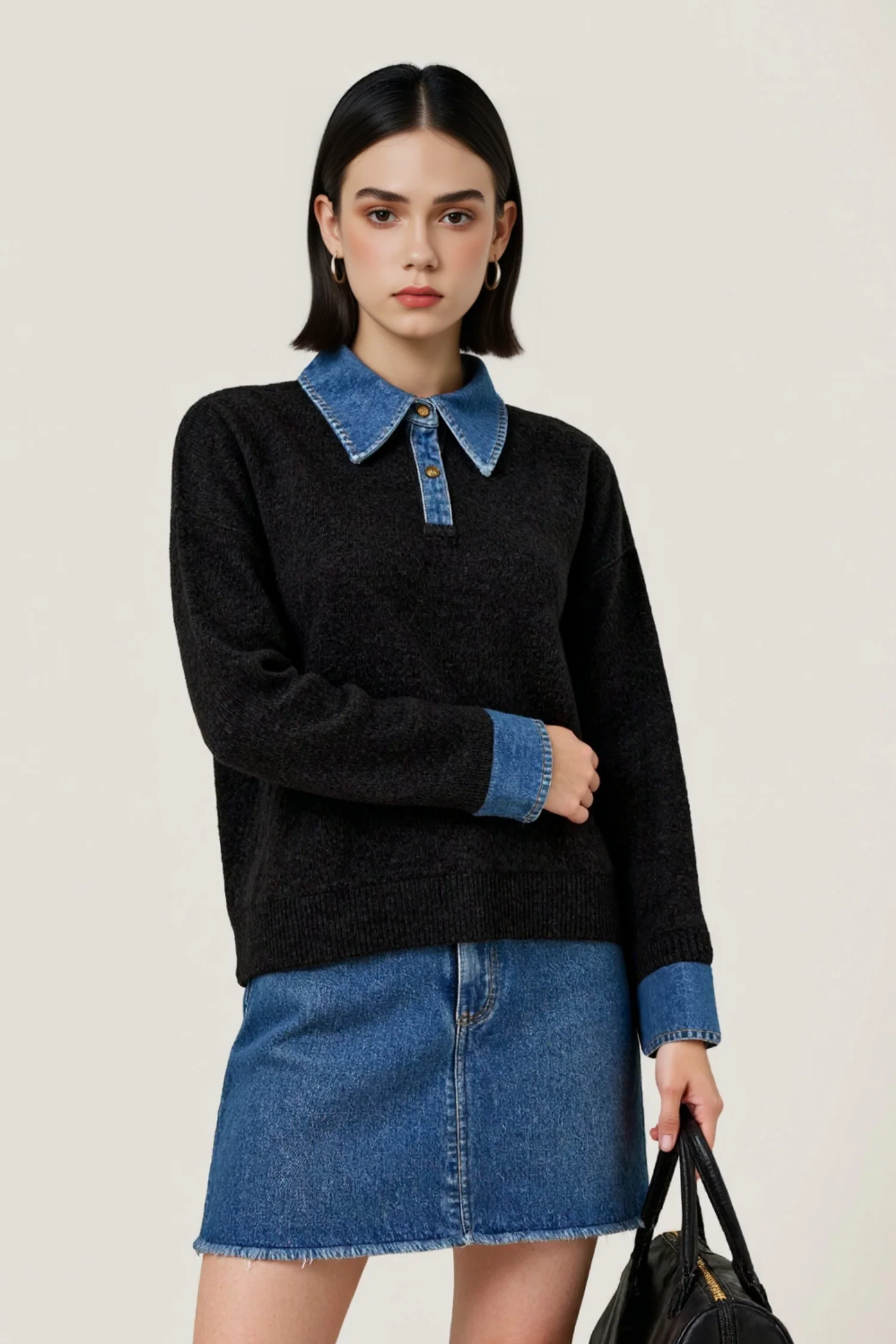 100% Wool Denim-Trim Polo Sweater - MIAOOOO