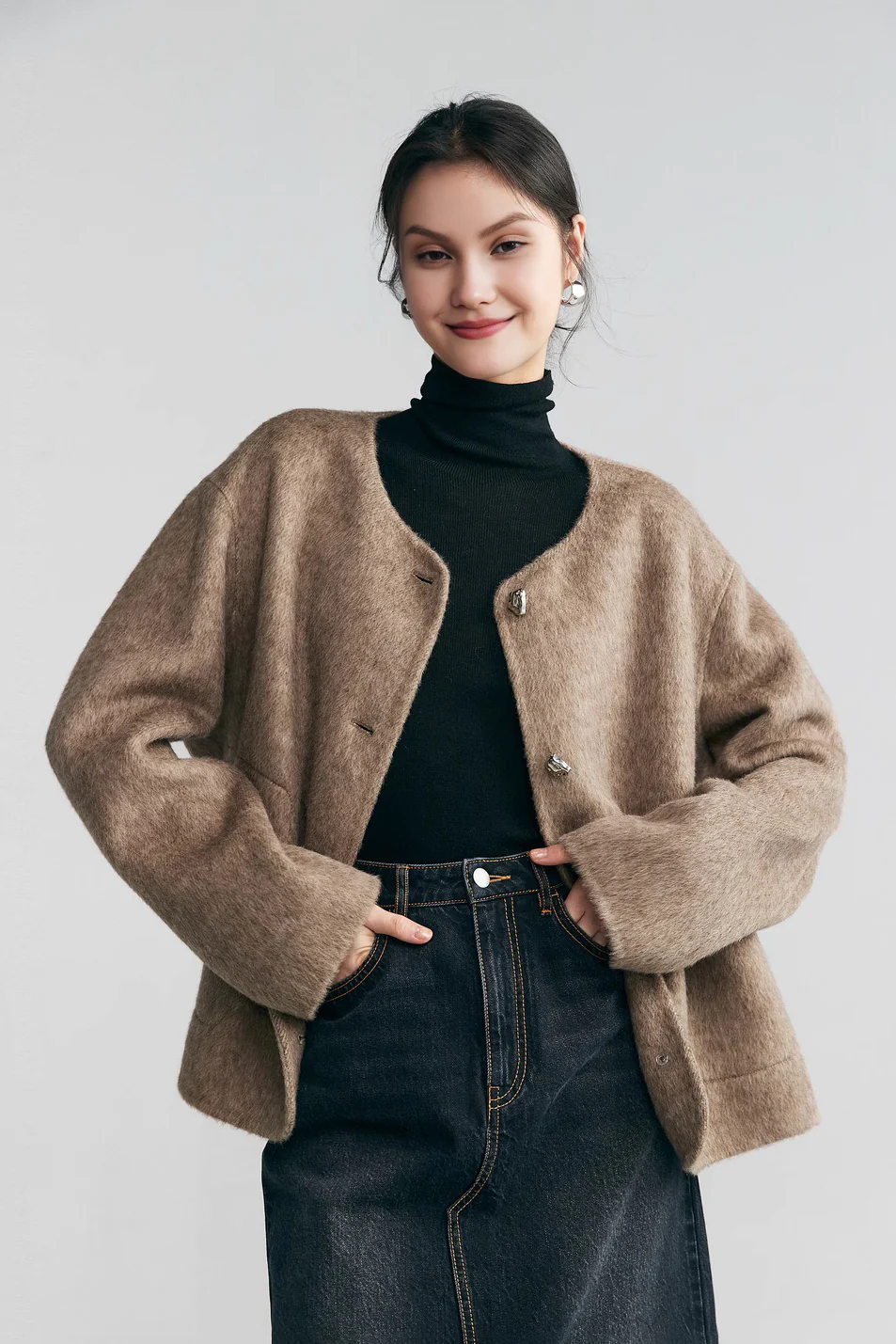 Silk Wool Blend Crewneck Cropped Jacket - MIAOOOO