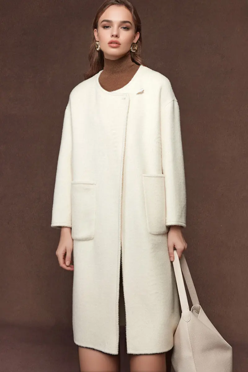 Oversized Crewneck Double Faced Long Wool Coat with Scarf - MIAOOOO