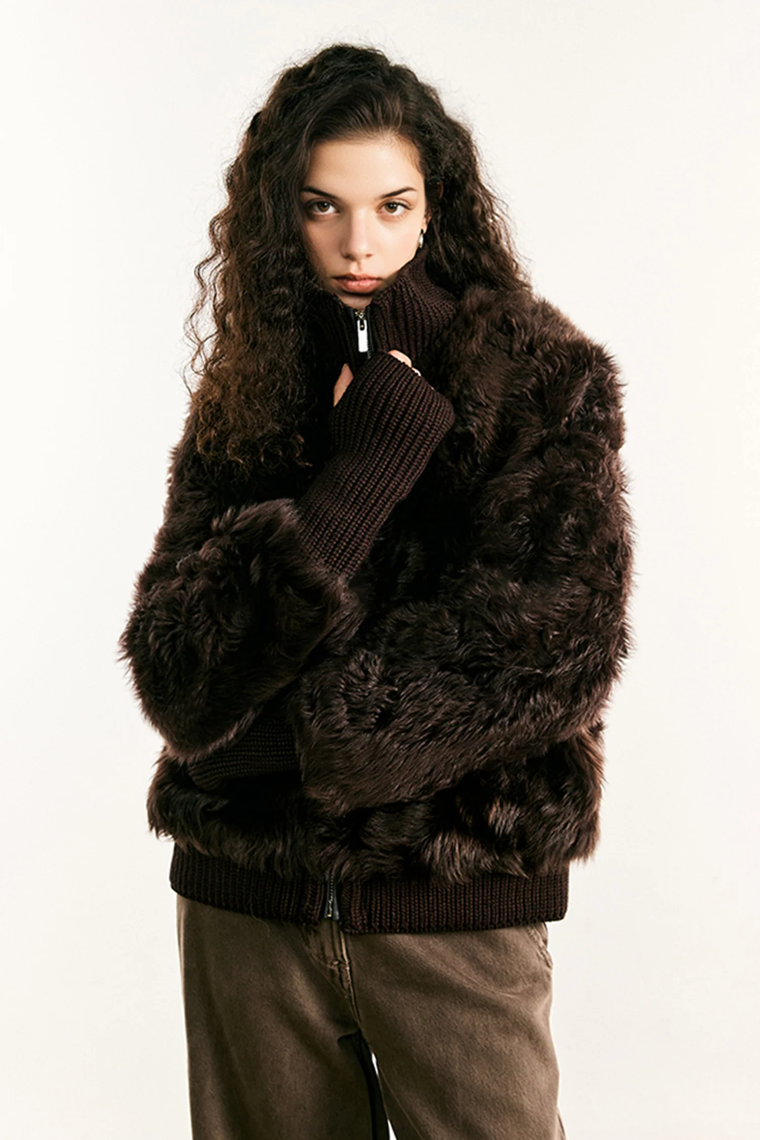 Toscana Shearling Spanish Sheepskin Bomber Jacket with Wool Knit Collar - MIAOOOO