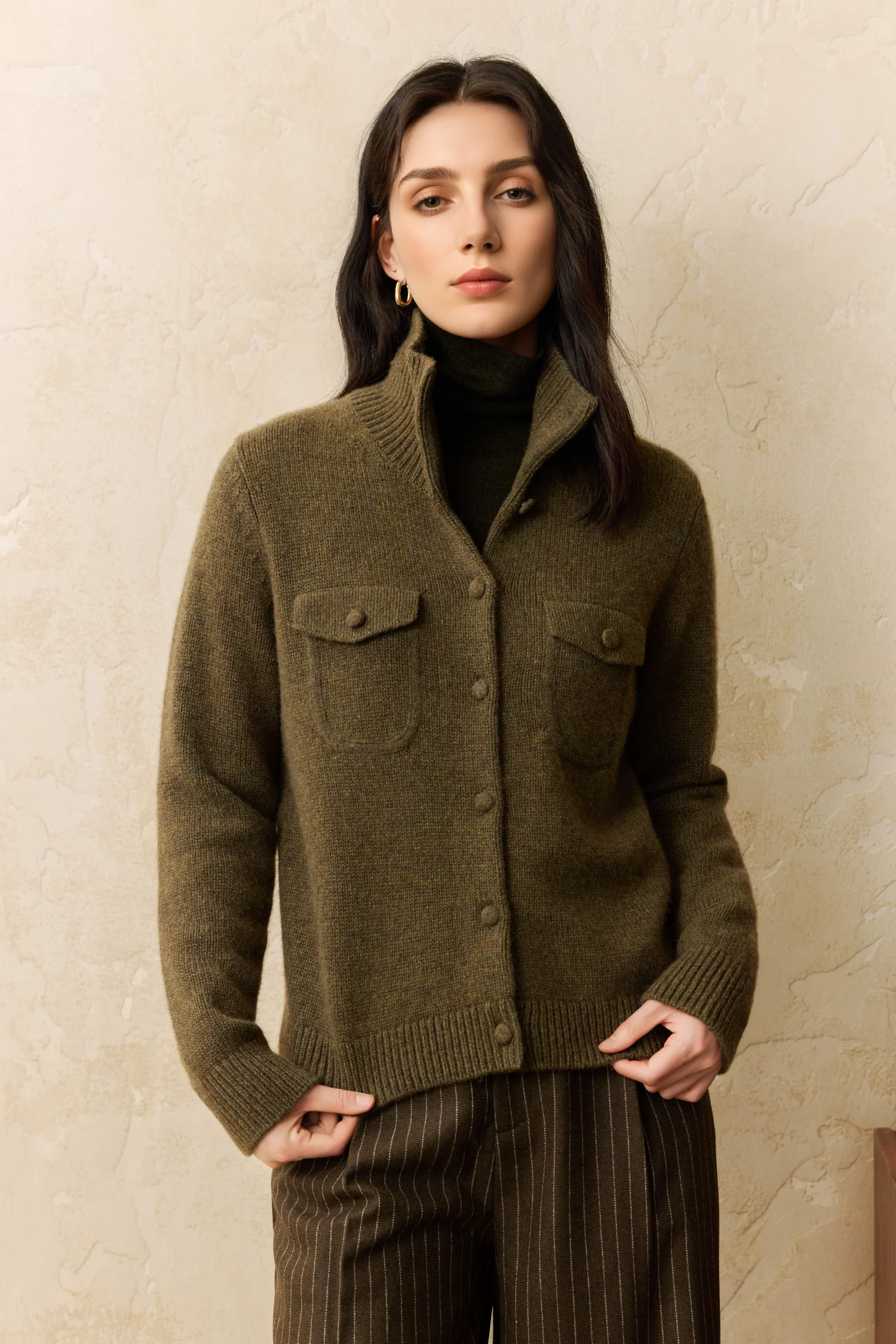 100% Cashmere Button-Up Polo Cardigan Jacket - MIAOOOO