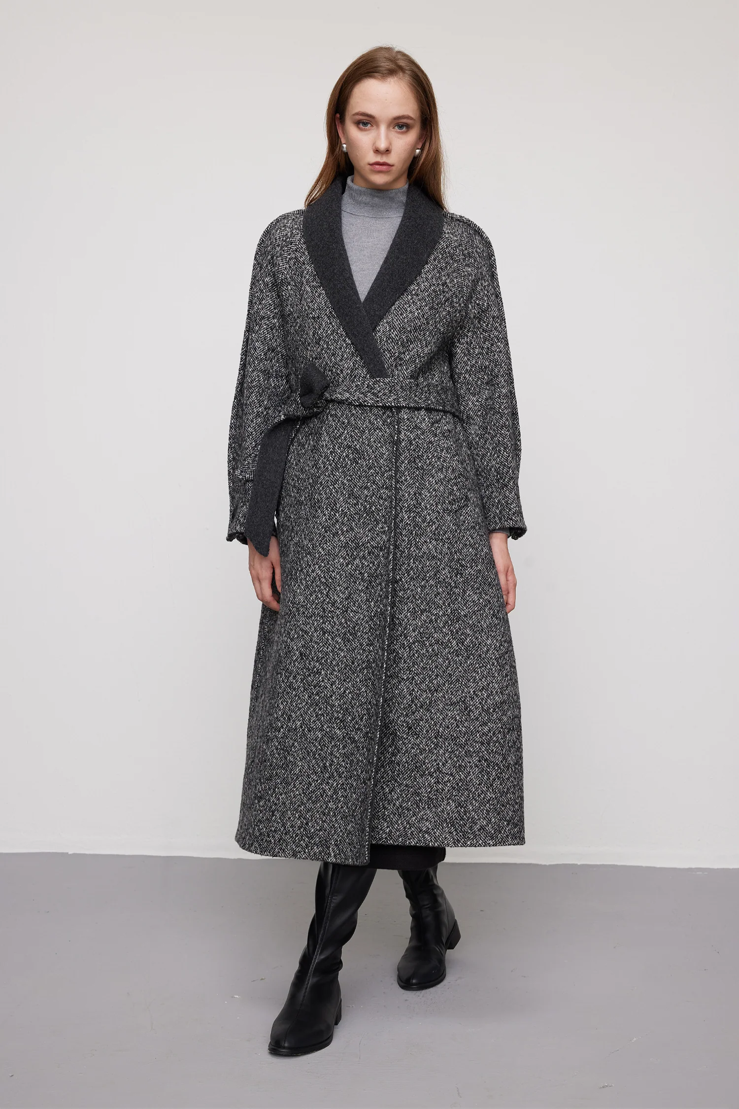 Herringbone Tweed Wool Belted Wrap Coat - MIAOOOO