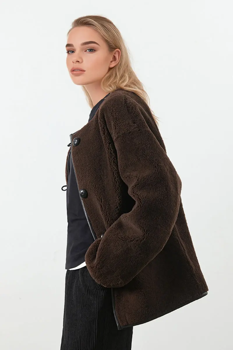 Spanish Merino Shearling Sheepskin Collarless Clasp Jacket - MIAOOOO