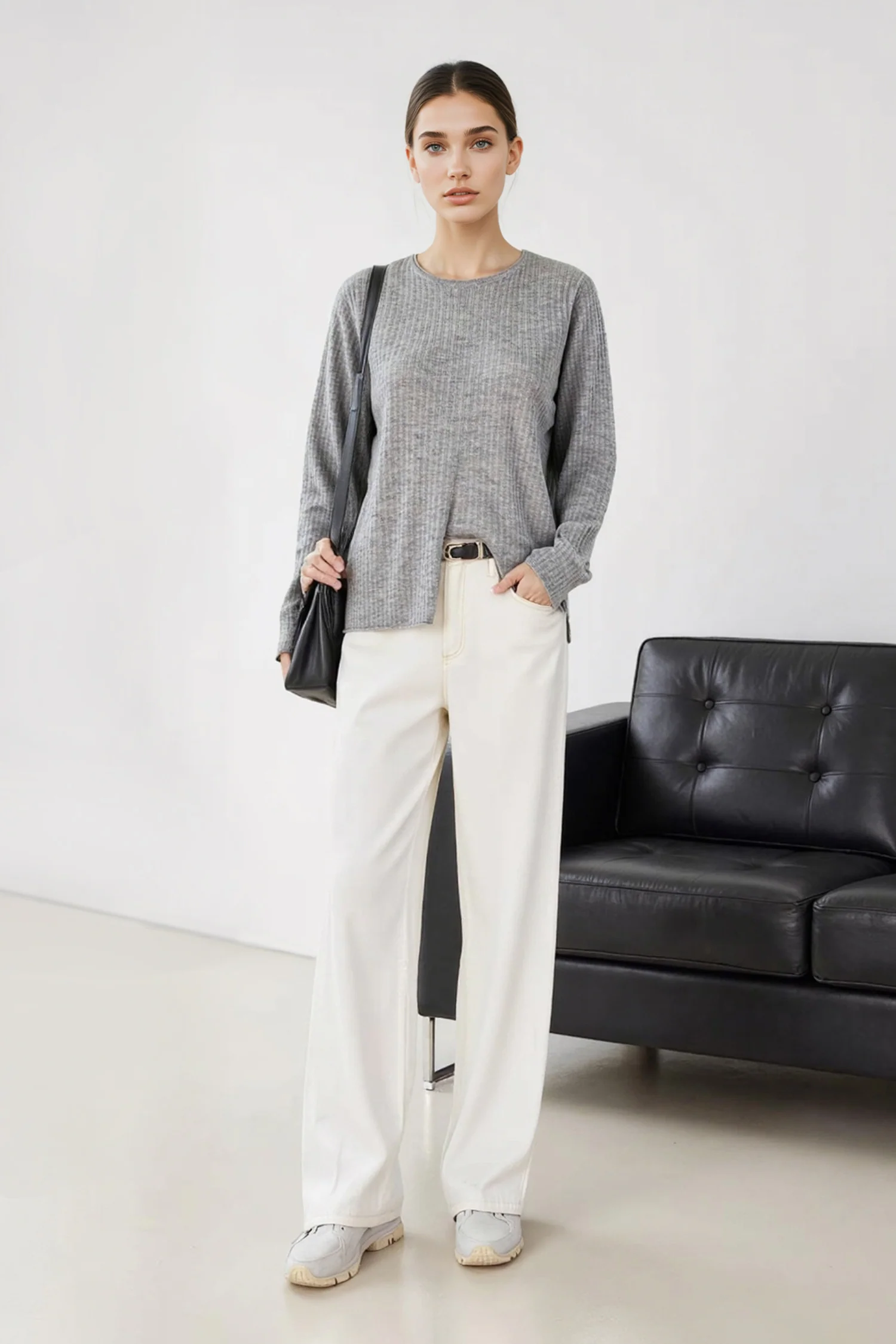 Lightweight Wool Blend Crewneck Ribbed Sweater - MIAOOOO