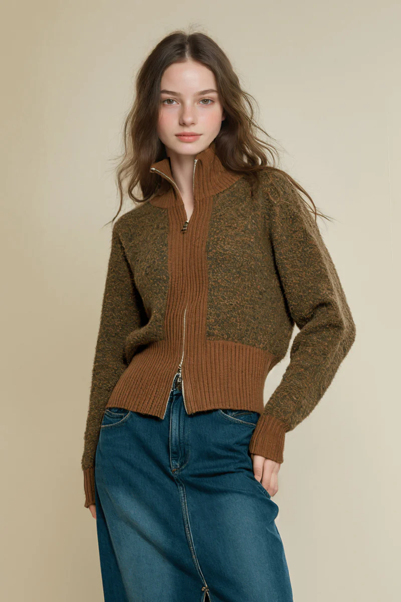 Vintage Color-Block Double-Zip Cardigan with Stand Collar - MIAOOOO