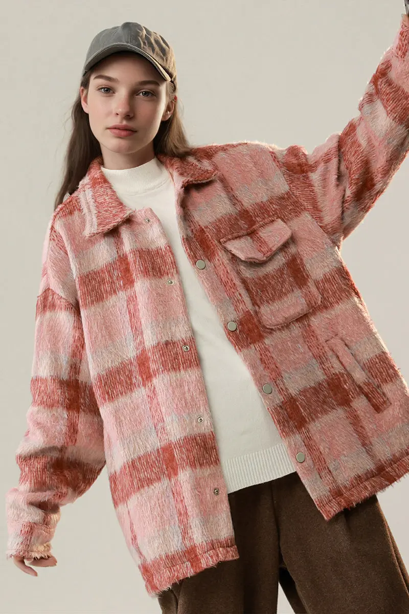 Oversized Faux Wool Plaid Shacket in Pink - MIAOOOO