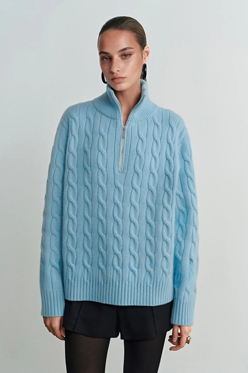 Chunky Wool Cashmere Cable Knit Half-Zip Mock-Neck Sweater - MIAOOOO