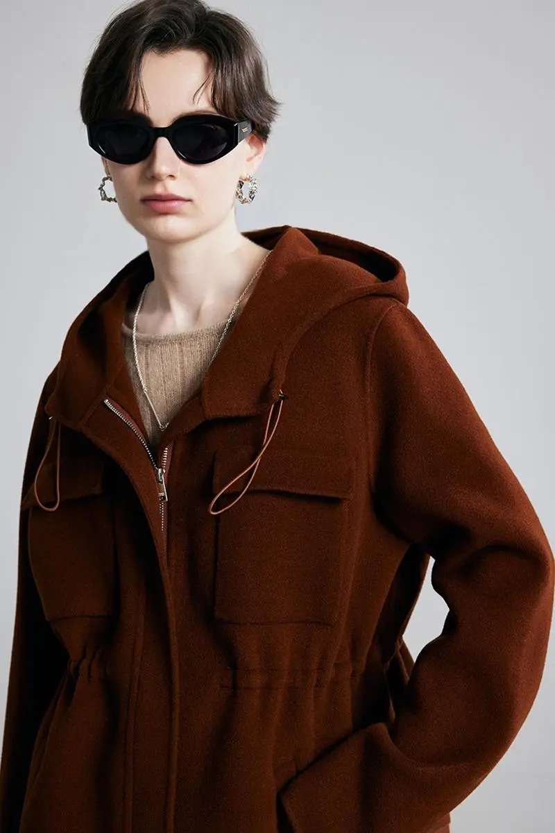 100 Wool Zip Front Double Faced Coat with Hood - MIAOOOO