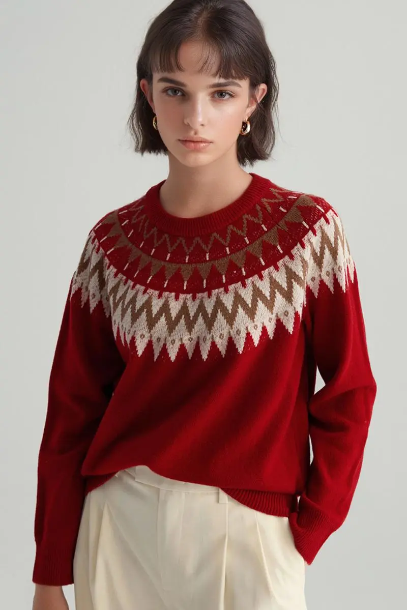 100 Wool Fair Isle Crewneck Sweater - MIAOOOO