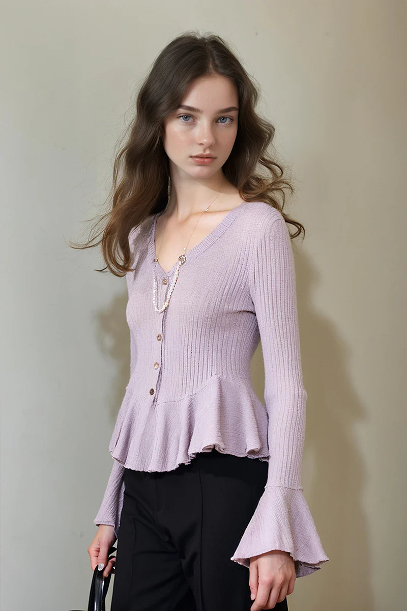 Long-Sleeve Button-Up V-Neck Peplum Blouse in Purple - MIAOOOO