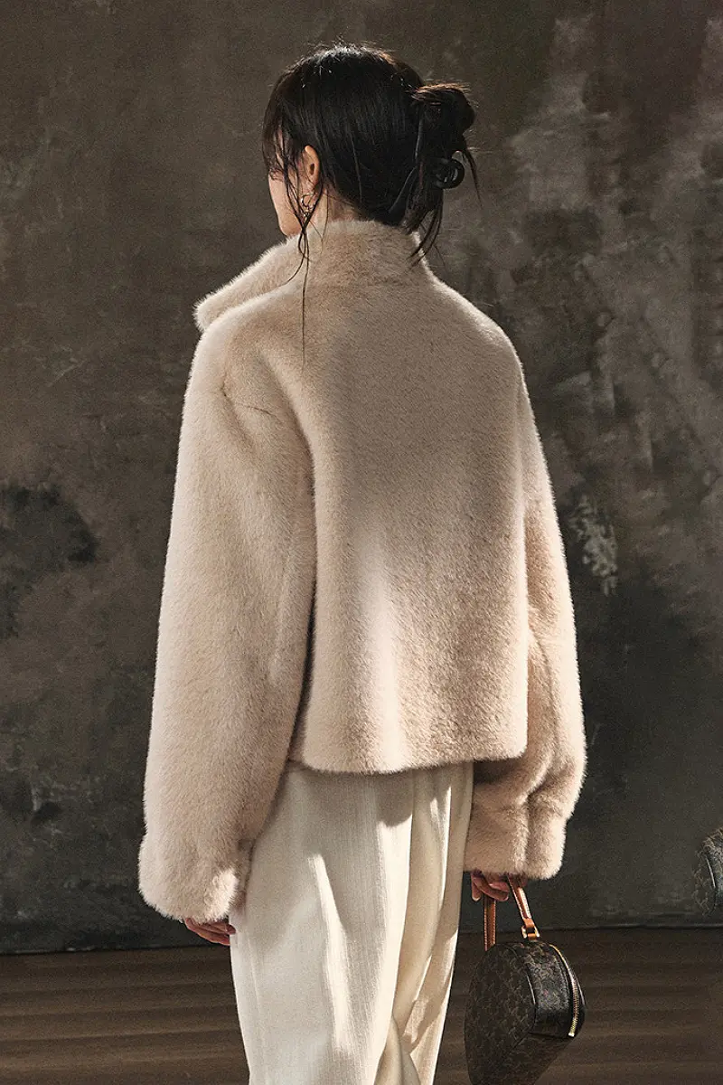 Stand Collar Zip Up Cropped Faux Mink Coat - MIAOOOO