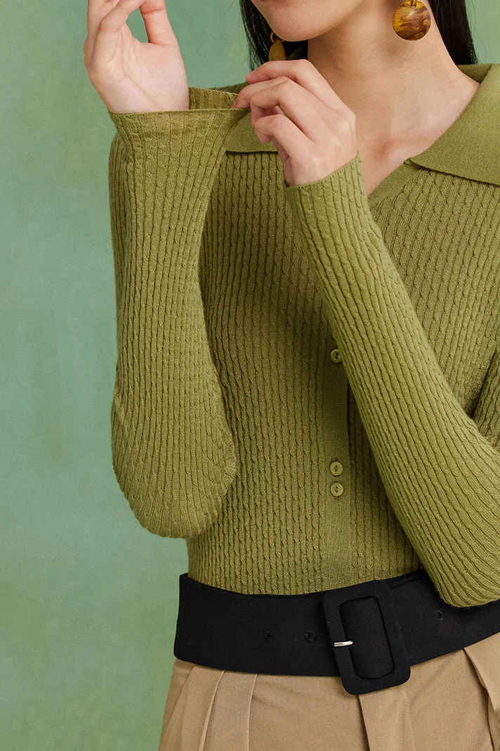 Wool Blend Open Front Long Sleeve Polo Cardigan - MIAOOOO