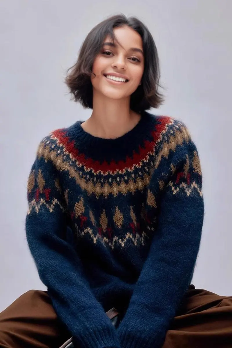 Vintage Cotton Blend Fair Isle Crewneck Sweater - MIAOOOO