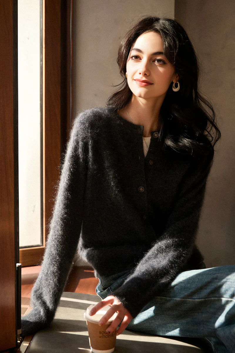 Classic Brushed Cashmere Crewneck Cardigan in Grey - MIAOOOO