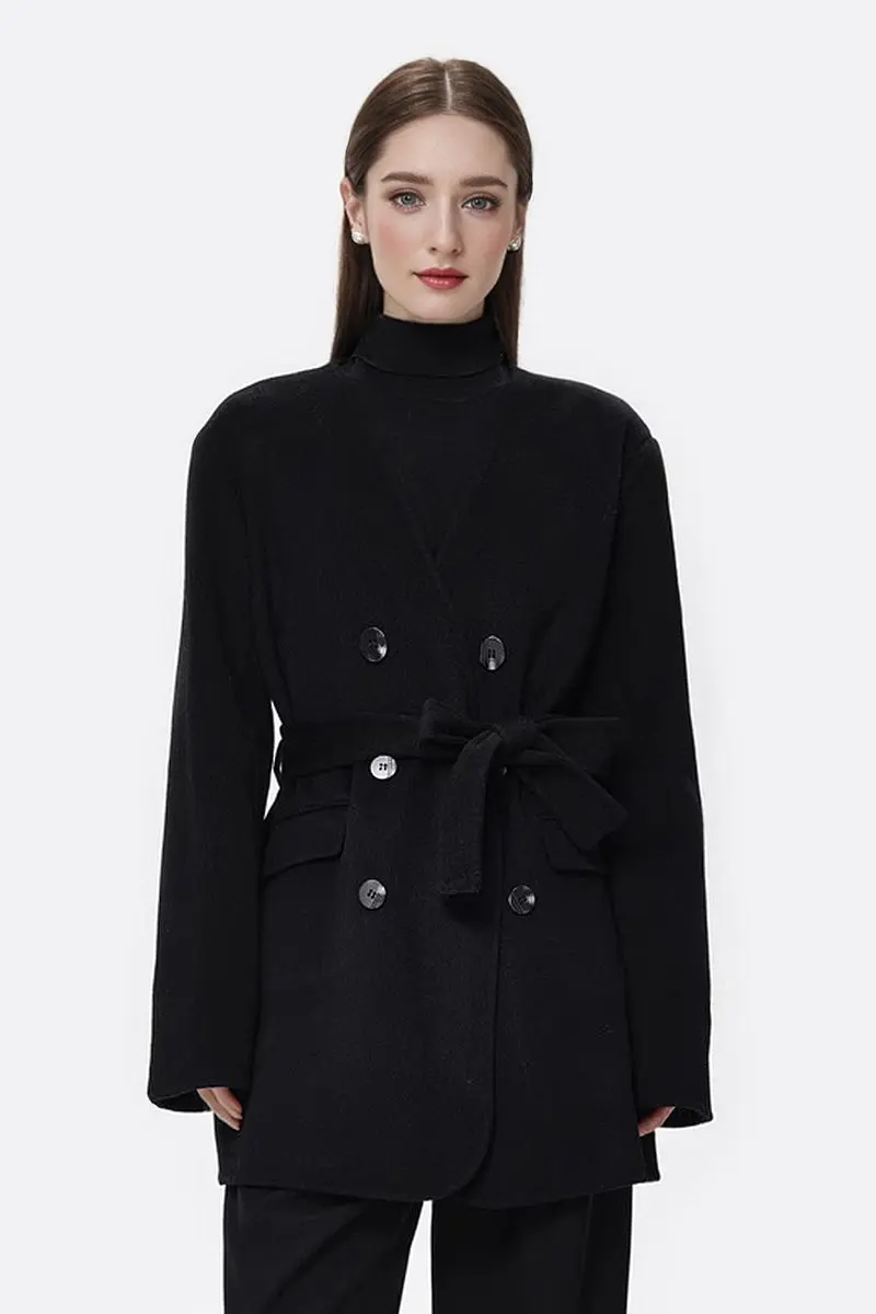 Vintage Collarless Double Breasted Black 100 Wool Peacoat with Belt - MIAOOOO