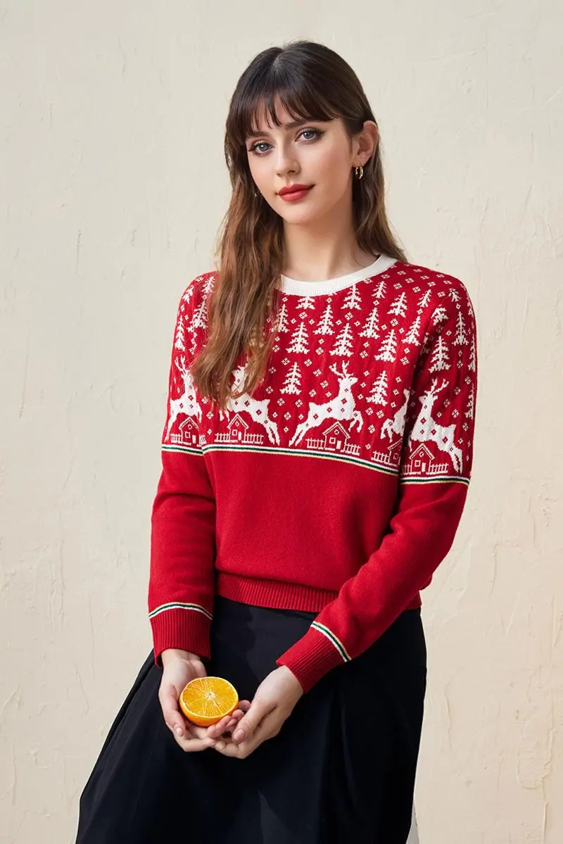 100 Wool Chunky Fair Isle Christmas Crewneck Sweater - MIAOOOO
