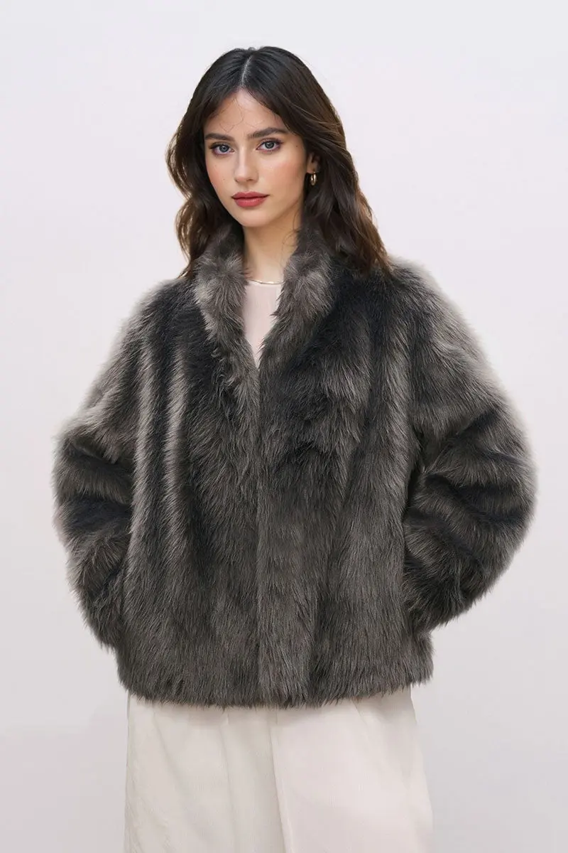 Minimalist Faux Fur Stand Collar Jacket - MIAOOOO