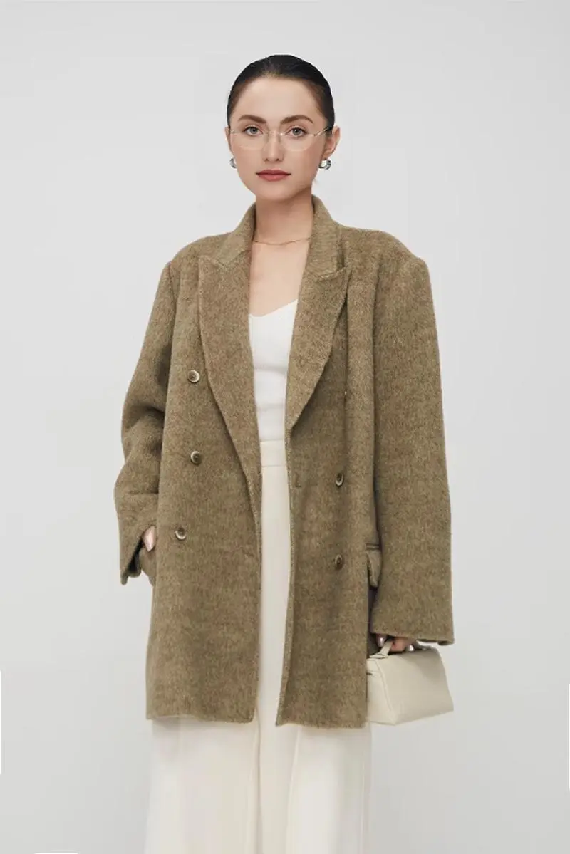Notched Lapel Double-Breasted Wool Coat - MIAOOOO
