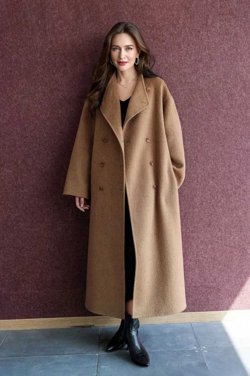 Long Australian Wool Blend Double Breasted Belted Coat with Stand-Up Collar - MIAOOOO