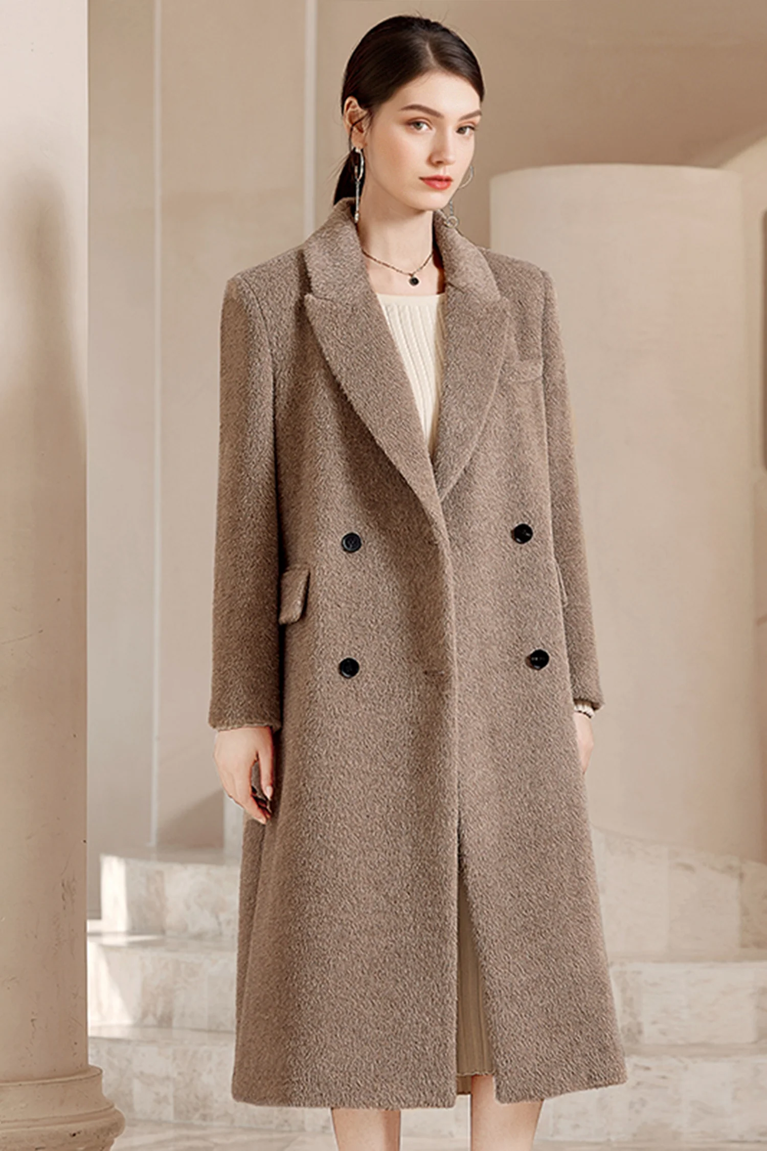 100% Suri Alpaca Wool Double-Breasted Long Coat - MIAOOOO