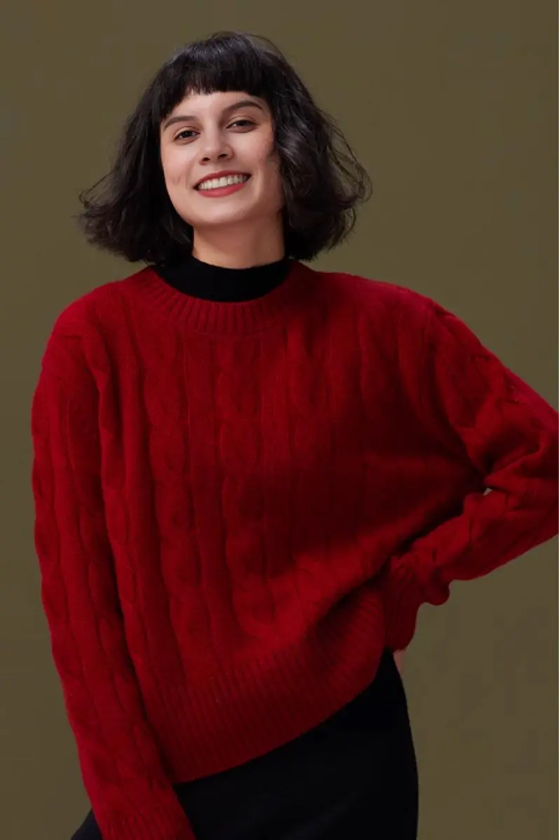 Cable Knit Red Wool Sweater with Ribbed Cuff - MIAOOOO