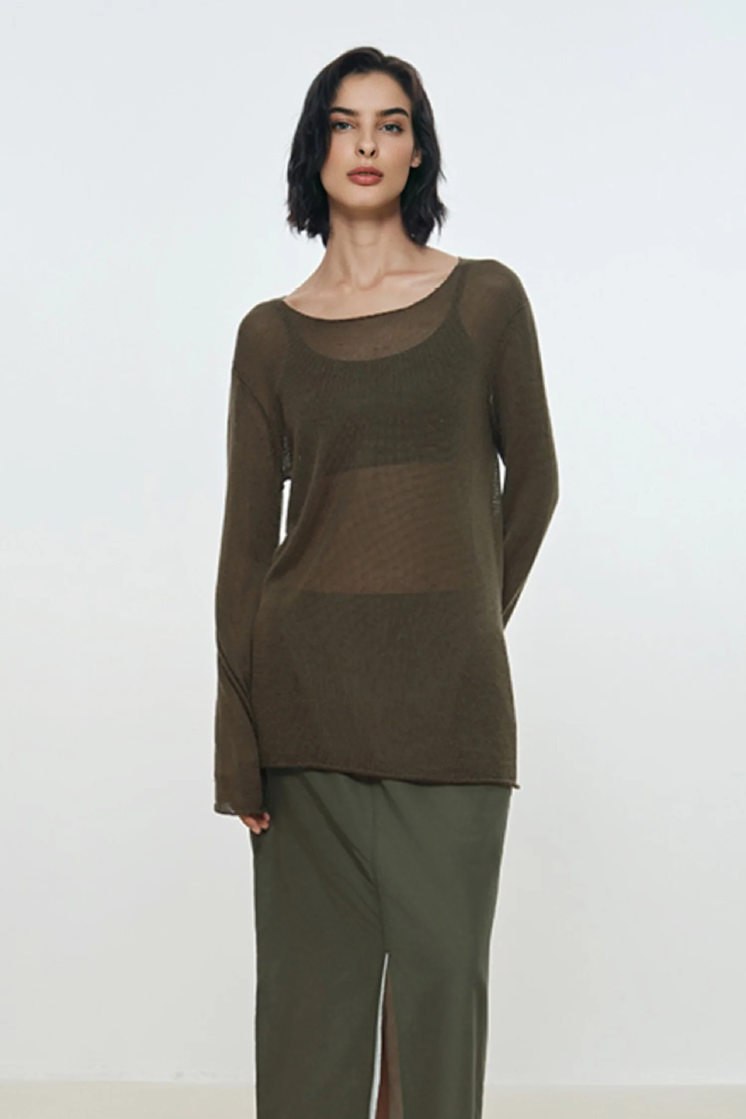 Ultralight Sheer Silk-Cashmere Long Sleeve Top - MIAOOOO