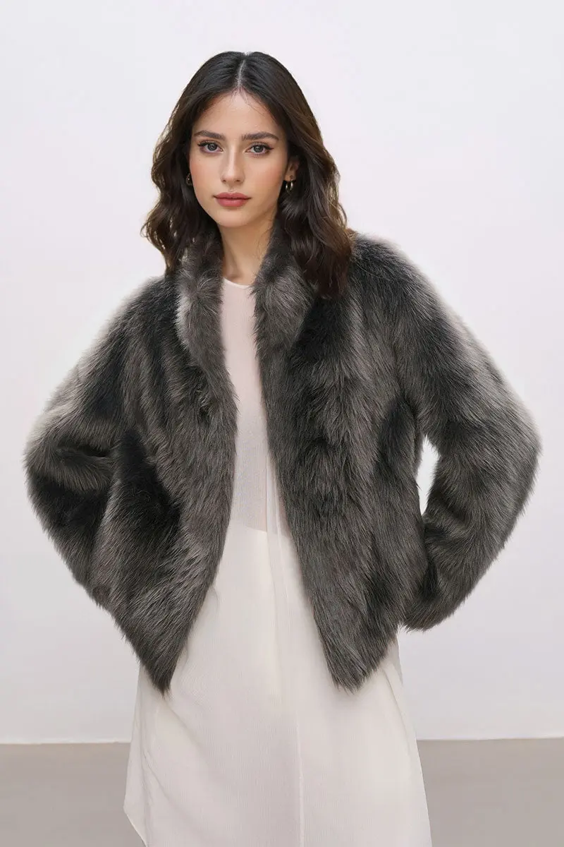 Minimalist Faux Fur Stand Collar Jacket - MIAOOOO