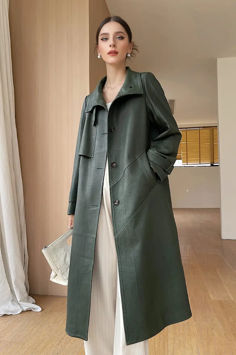 Pebbled Lambskin Leather Trench Coat with Stand Collar - MIAOOOO