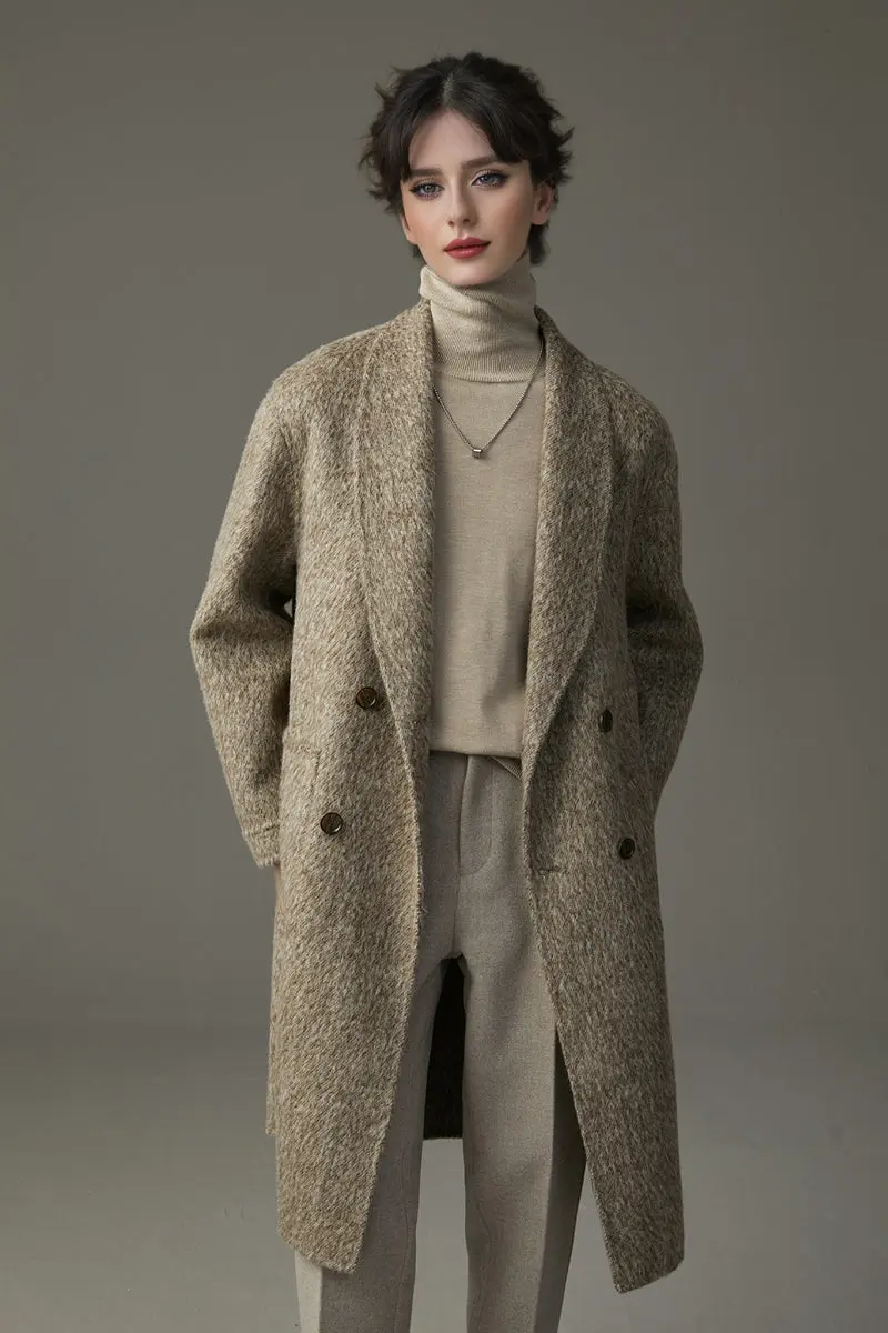 Vintage Chic Shawl Lapel Oversized Double Breasted Mohair Wool Coat - MIAOOOO